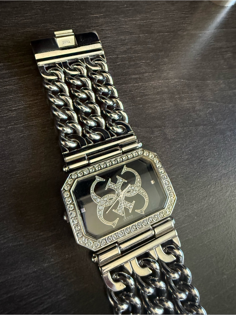 GUESS Silver Crystal-Accent Chain-Link Watch